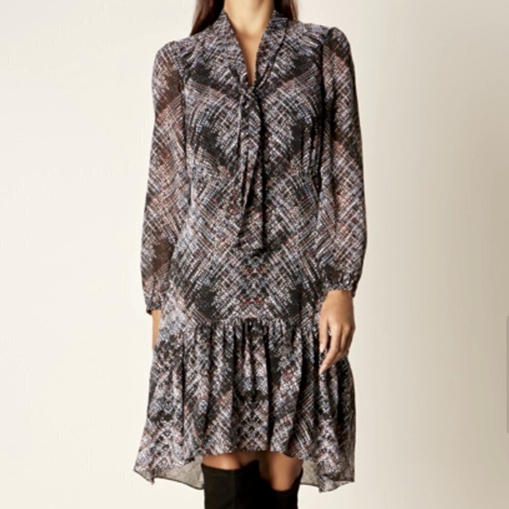 Karen Millen Black Abstract Plaid Patterned Tie Neck Dress. Size 2